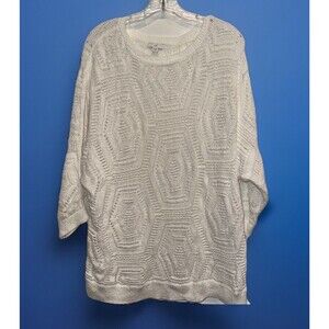 J. Jill Women's XL Open Knit Crochet Sweater Beachy Coastal Minimalist White